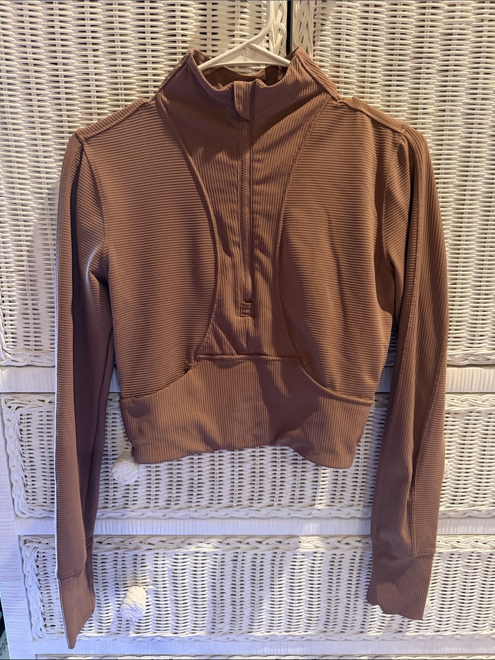 Women's Ribbed Half-Zip Crop Top - Brown